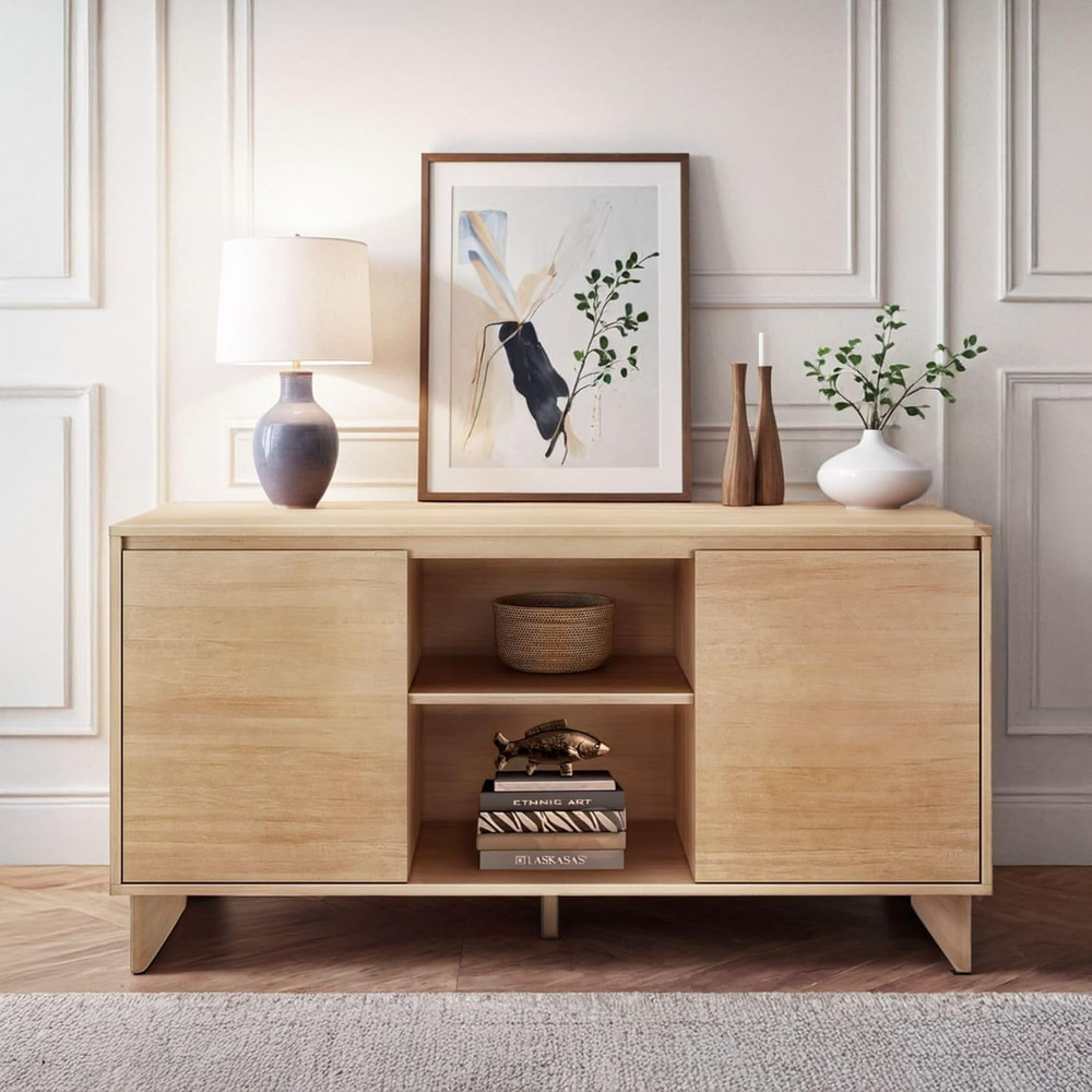 59" Modern Pine Sideboard Buffet Cabinet with Doors & Shelf