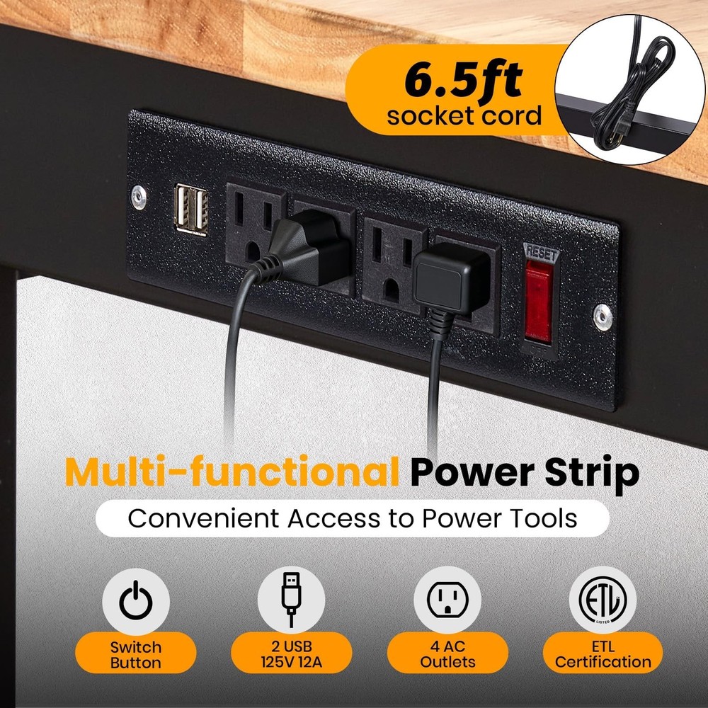 60" Adjustable Workbench 2000Lbs Work Bench Table with Casters & Power Outlets