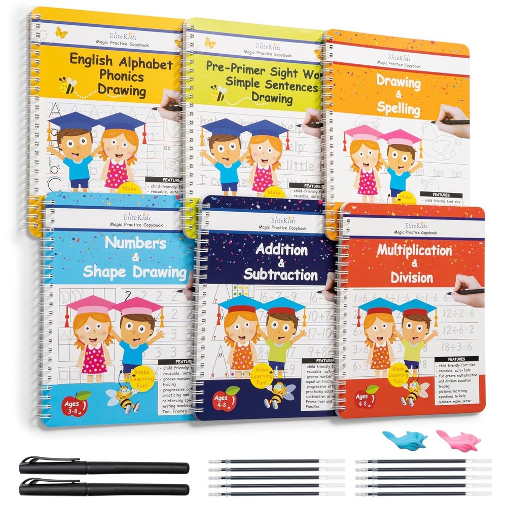Magic Practice Copybook 6 Workbooks with Disappearing Ink Pens, Reusable...