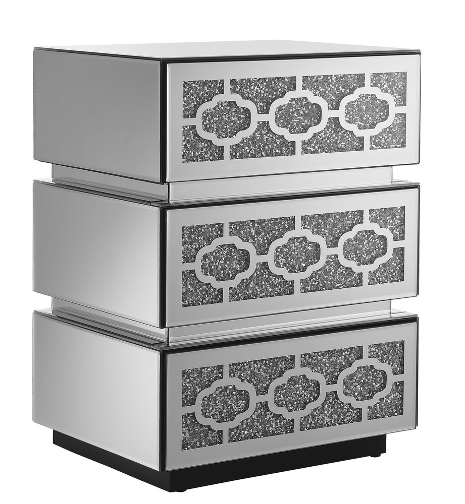 Mirrored Bedside Nightstand, Modern Side Table with 3 Drawers, Silver Accent