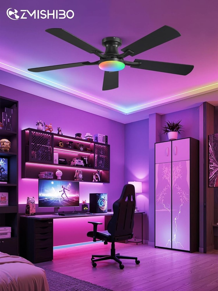 Modern 52" Ceiling Fan - RGB LED Light, Low Profile