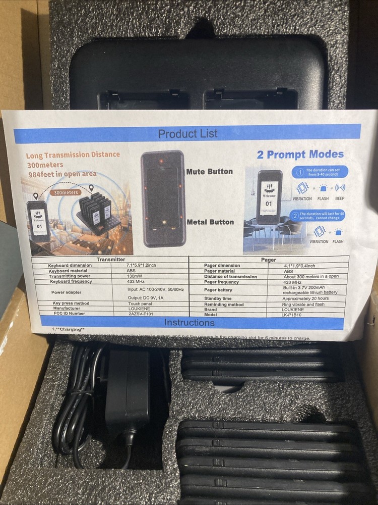 Restaurant Pager System, 10 Wireless Pagers, Touch Keyboard Calling Customers...