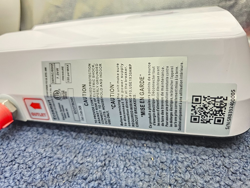 EcoSmart ECOTB240 SmartBoost™ Water Heater Booster 240VAC 60Hz 7.2kW 150psi Max