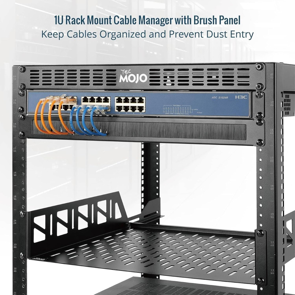1U Rack Mount Cable Management Panel with Brush, Black, 2-Pack