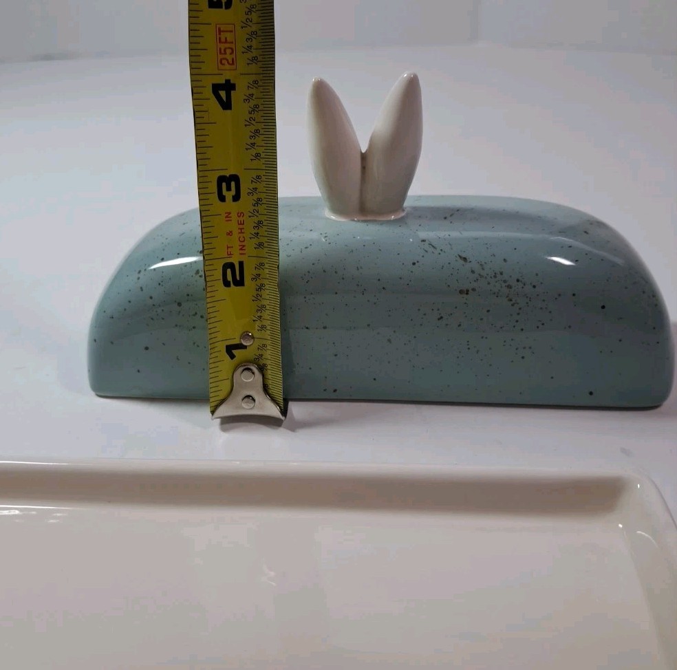 Pier 1 Speckled Blue & White Butter Dish With Bunny Ears Easter