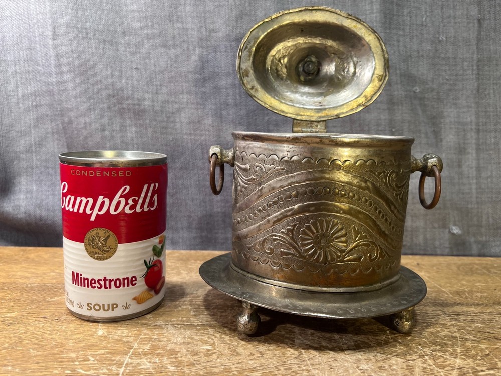 Antique Turkish Tea Coffee Container Caddy Footed Lidded Embossed Metalware
