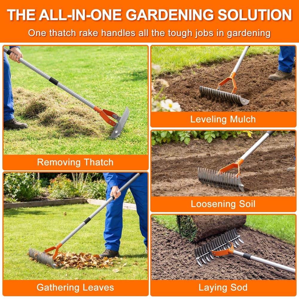 Thatch Rake for Lawn with 68" Adjustable Handle, 15" Heavy Duty Dethatcher Ra...