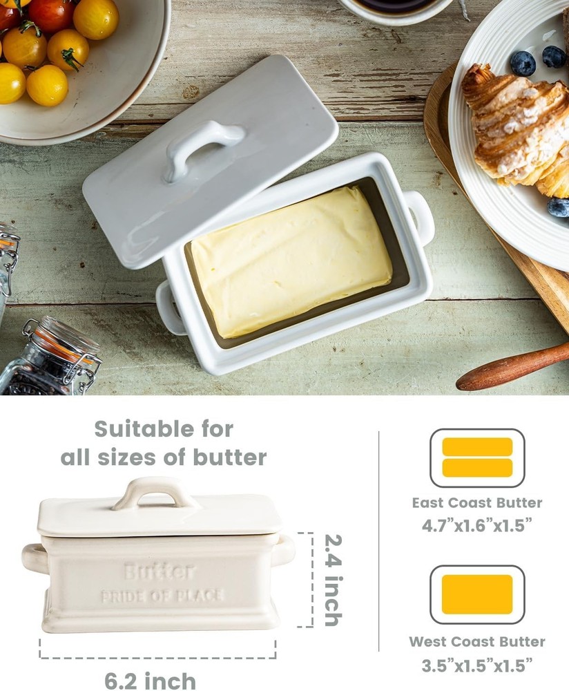 Elegant Ceramic Butter Dish with Lid - Dishwasher Safe, White Rectangular Keeper
