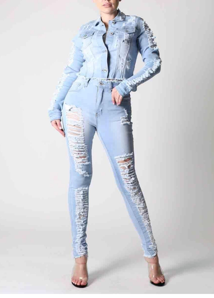REDFOX HEAVY DISTRESSED DENIM SET ( LT BLUE) SD123/123P