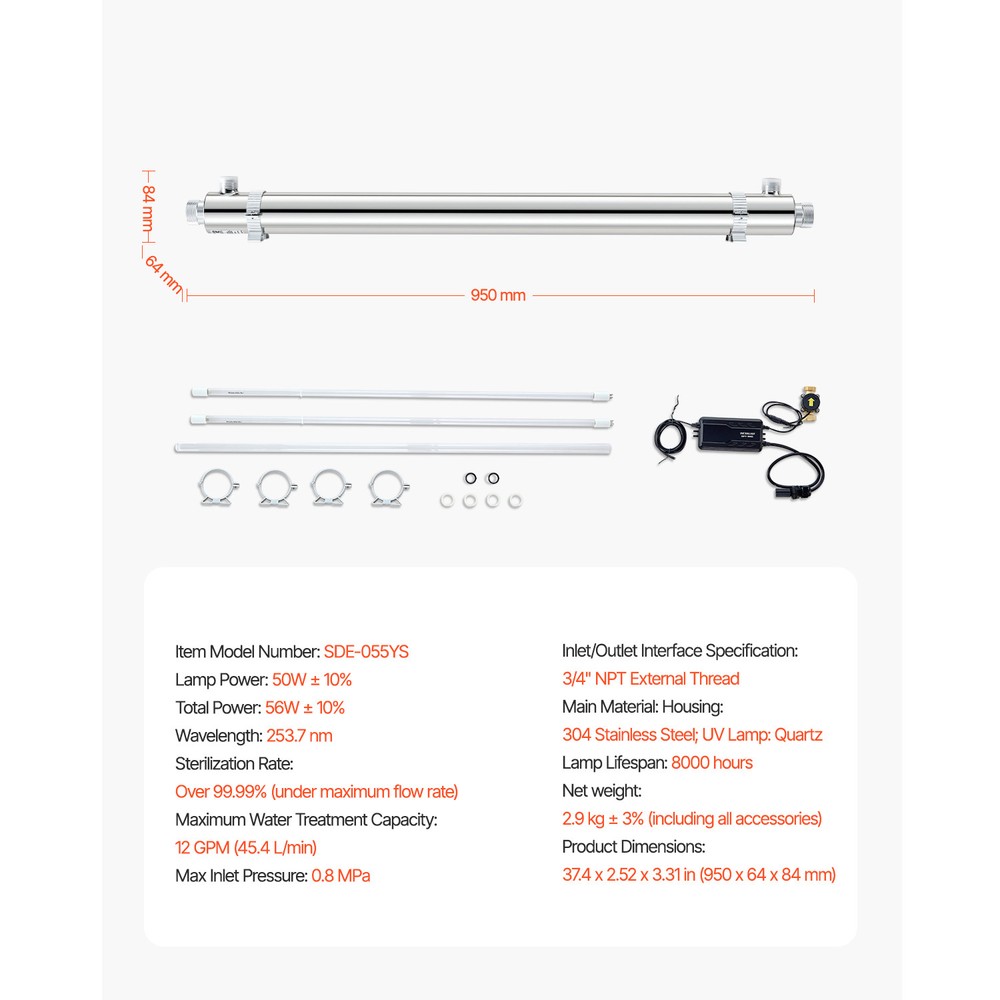 110V 55W UV Water Purifier 12GPM Ultraviolet Water Purifier Filter