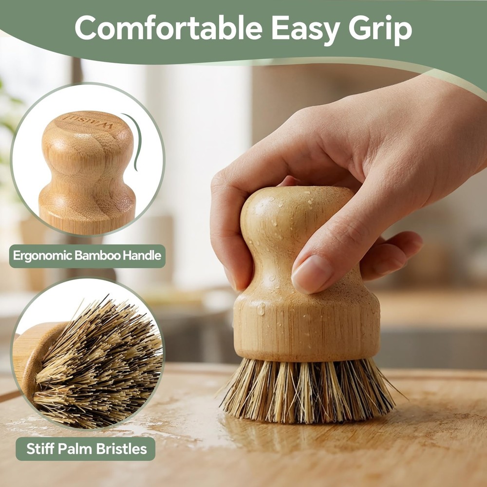 Eco Friendly Kitchen Dish Brush Set - Bamboo 4 Pack Cast Iron Scrubber