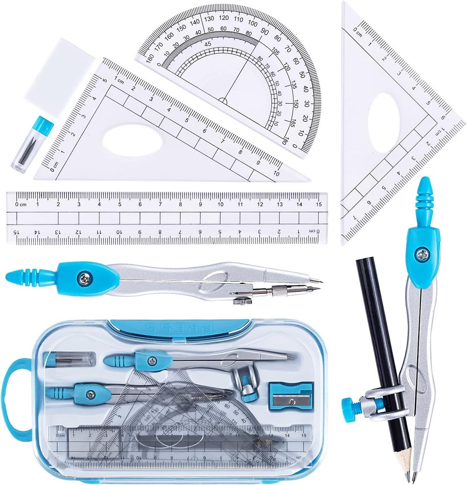 Math Geometry Kit Set 10 Pieces with Shatterproof Storage Box, Student Blue