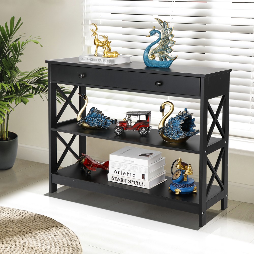 3 Tier Wood Console Table Entryway Table Narrow Sofa Side Table w/Drawer Black