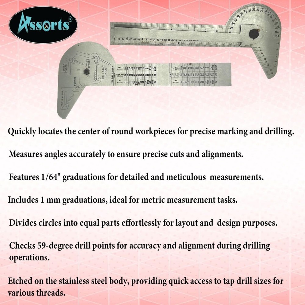 Multi Purpose Protractor Square Rule Centre Finder Divider Drill Point Gauge