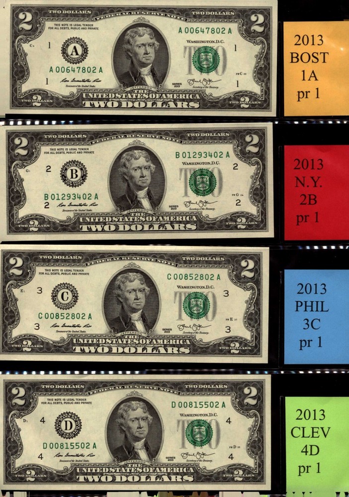 (42) 2013 series $2 notes COMPLETE district set of 12 FRB'S-same last 2 digits