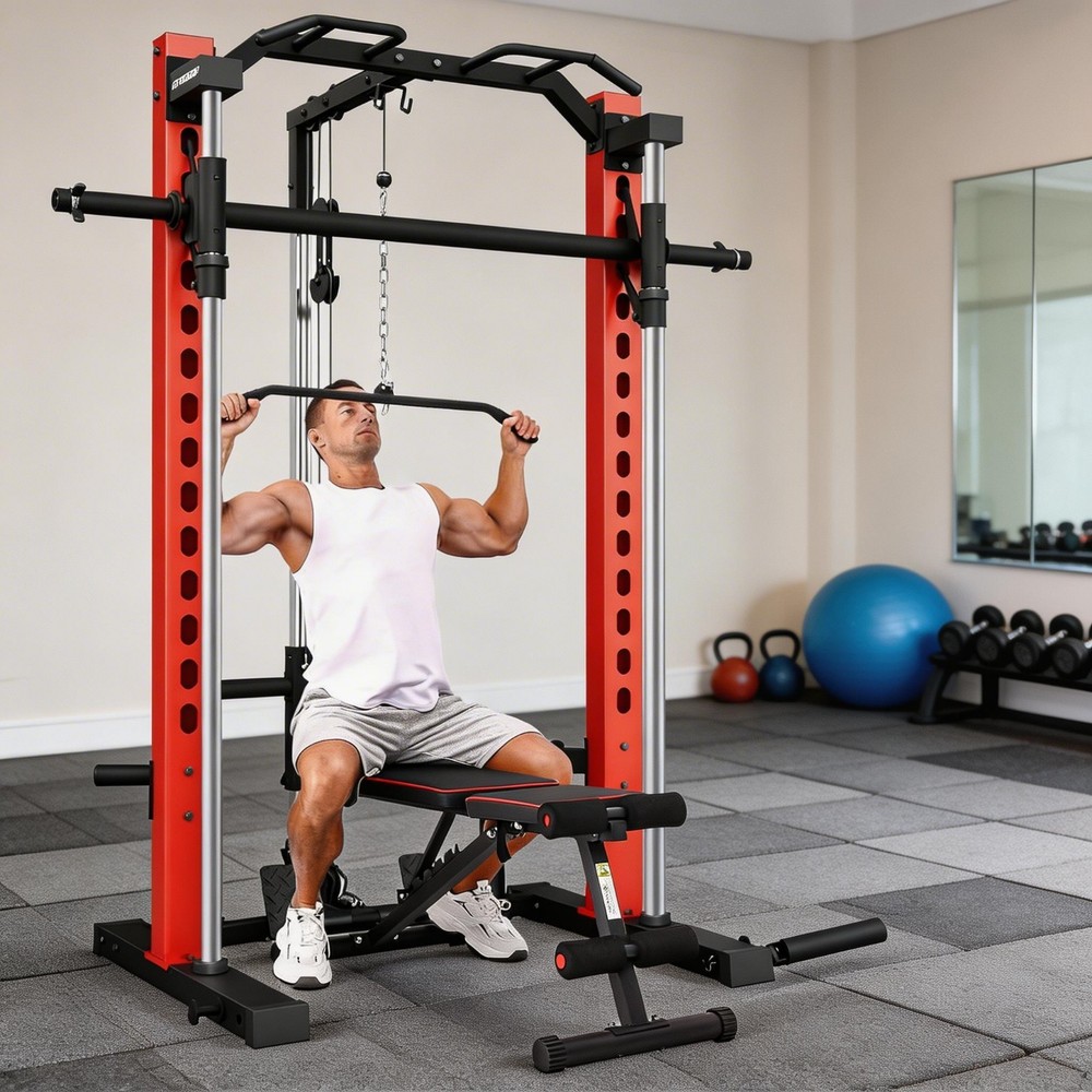 Smith Machine 1400LBS Squat Rack for Home Gym w/ LAT-Pull Down System Power Cage
