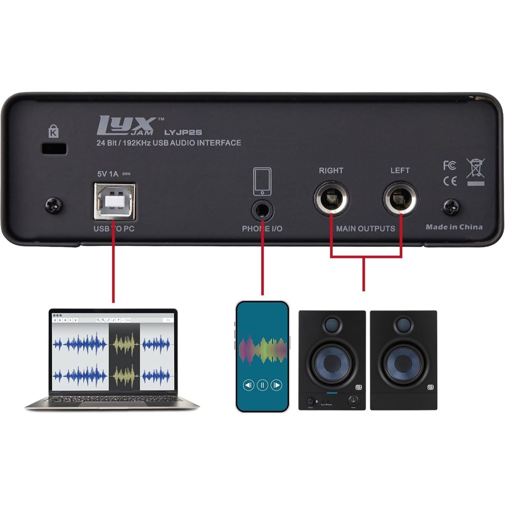 LyxJam 2×2 USB Audio Interface Studio Bundle w/ Mic, Monitors & Shield