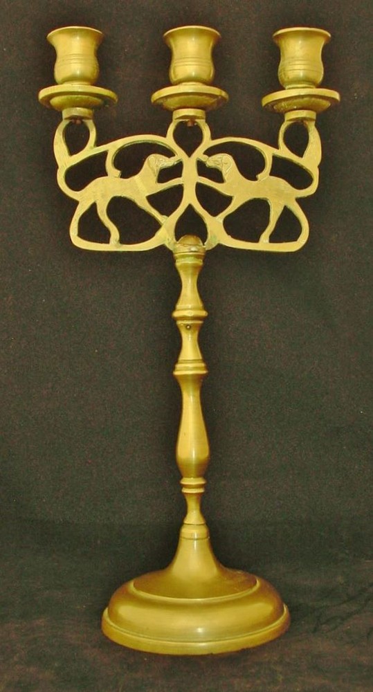 Antique Solid Brass Shabbat Three-Candle Candelabra with Dog Design - Superb!!