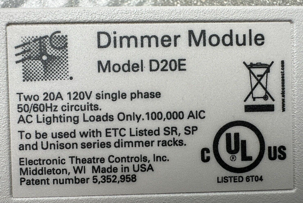 ETC D20E : dual 20AMP / 120V : DIMMER MODULE for SENSOR+ & UNISON rack : d20 e