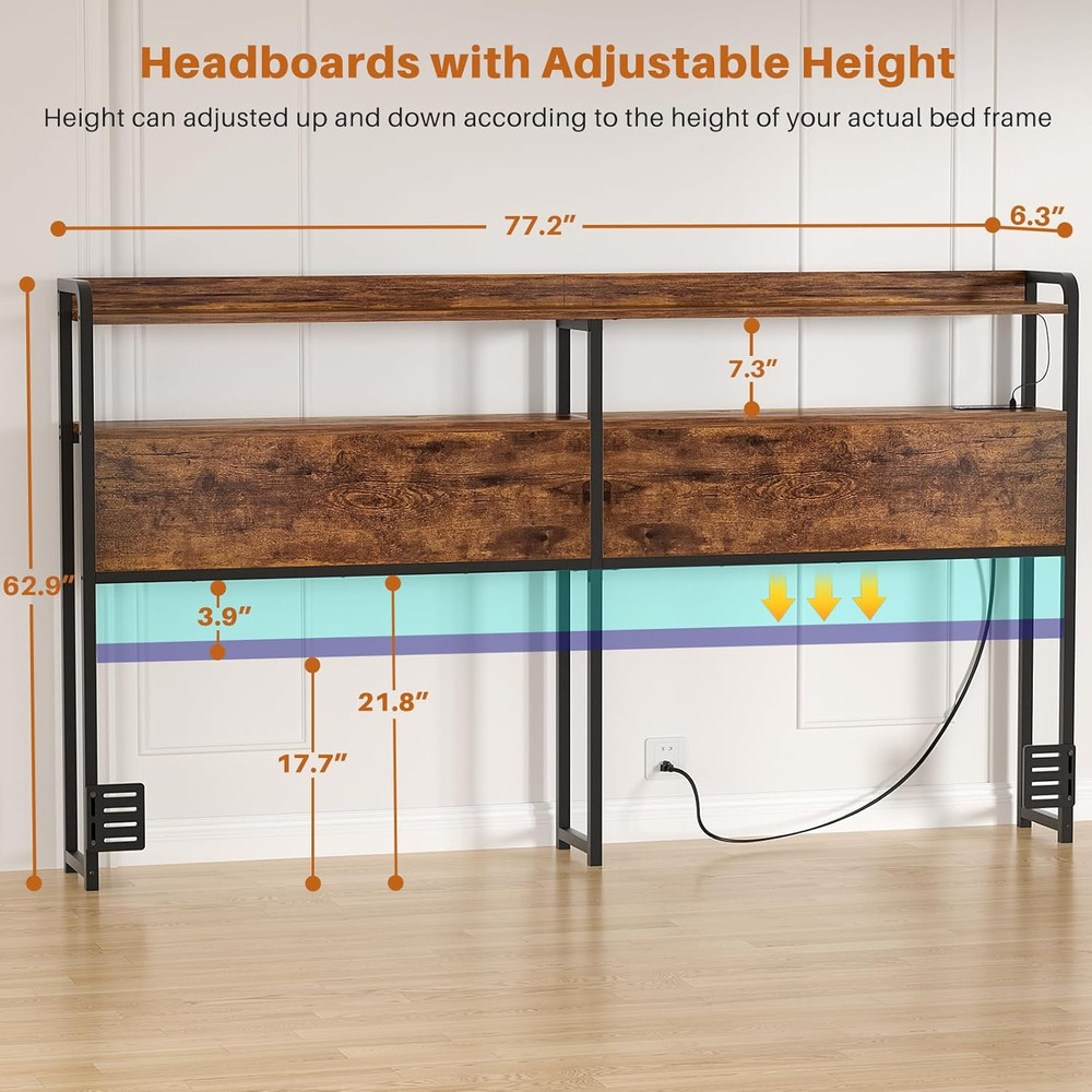 Rustic King Size Headboard with USB Ports, LED Light & Storage, Adjustable