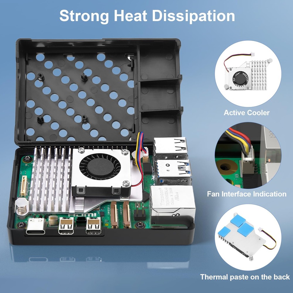 RasTech Accessories Kit with Case Active Cooler for Raspberry Pi 5 Board Fan
