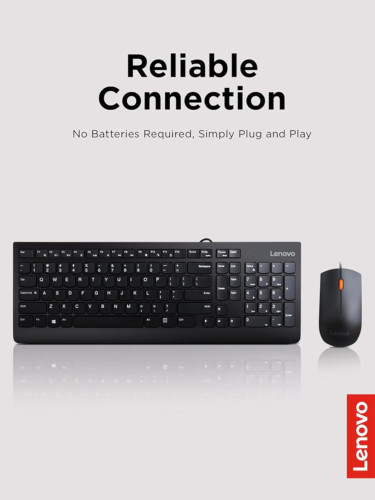 Lenovo 300 USB Combo, Full-Size Wired Keyboard & Mouse, Ergonomic, Left Black
