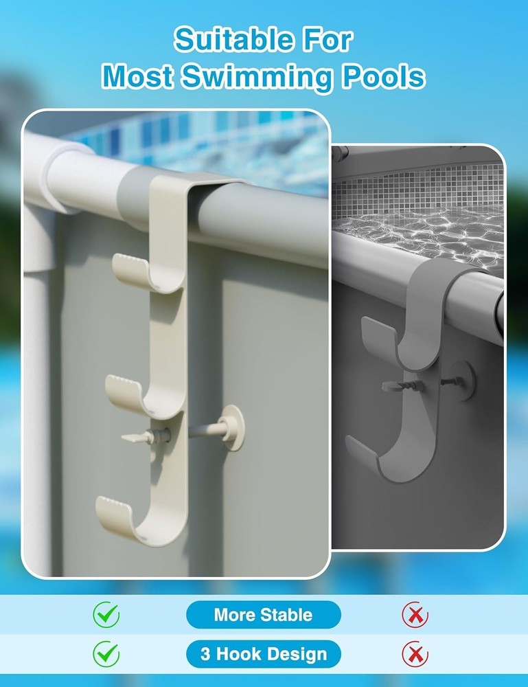 Adjustable Pool Hook for Poles - 3-Hook Pool Accessories Organizer