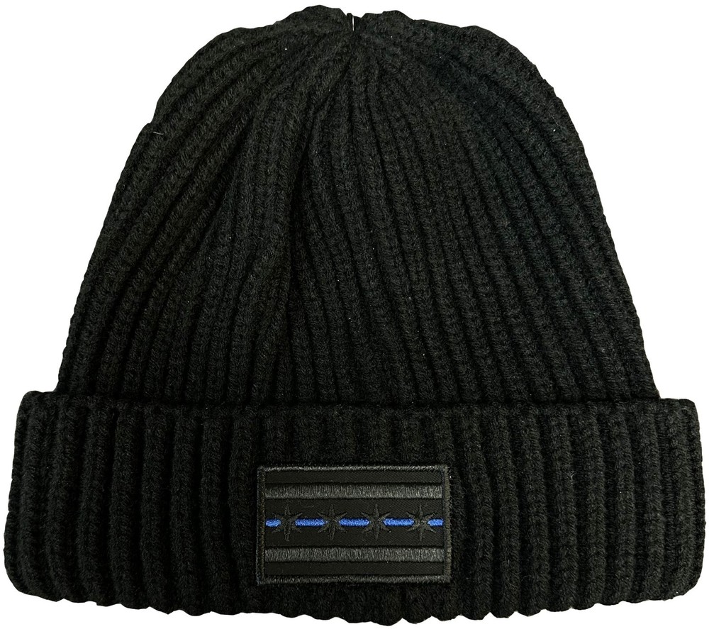 Chicago Flag Blue Line Patch Ribbed Beanie Hat Black