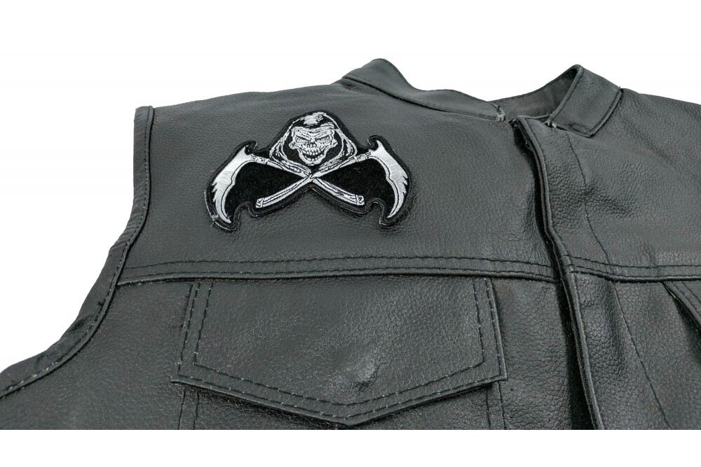 Embroidered Patch (Iron-On), Grim Reaper Skull Scythe (White on Black)
