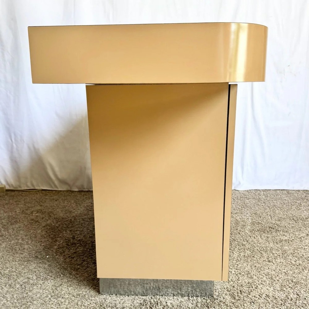 Postmodern Taupe Brown Lacquer Laminate Credenza With Chrome Base