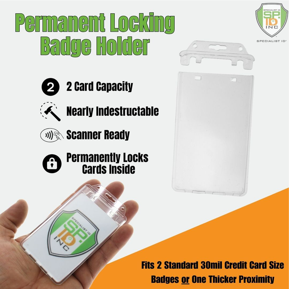 25 Pack - Permanent Locking ID Badge Holders - Clear Hard Plastic Case for ID's
