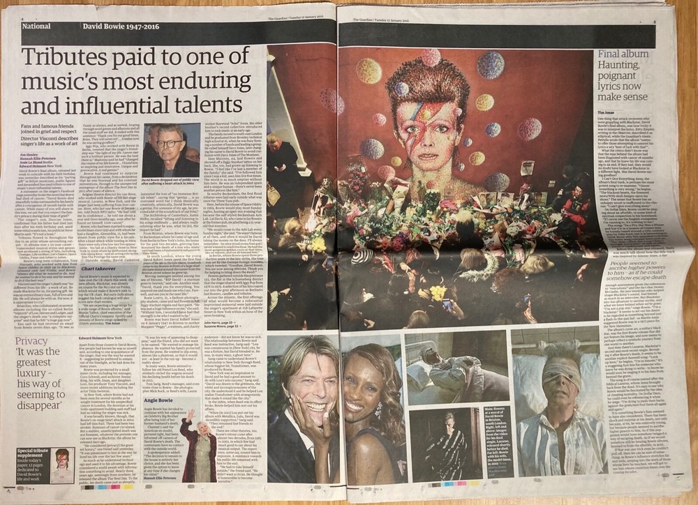 DAVID BOWIE, GUARDIAN 12 January 2016, tributes full issue, both sections