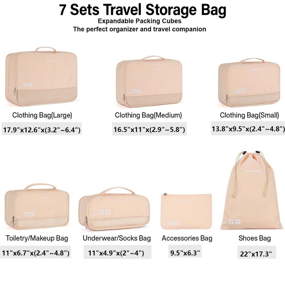 7 Set Compression Packing Cubes for Travel, Expandable Large Packing Cubes fo...