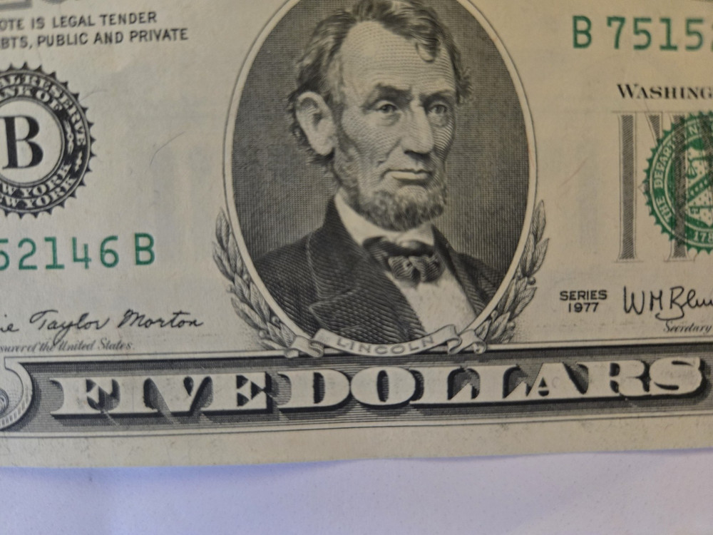 1977 $ five dollar bill back error uncirculated crisp
