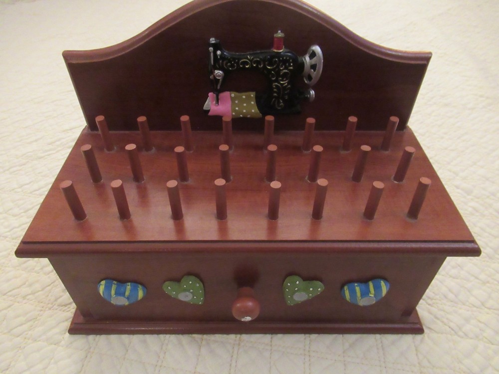 Decorative Wooden Sewing Storage Box with Small Spool Holders
