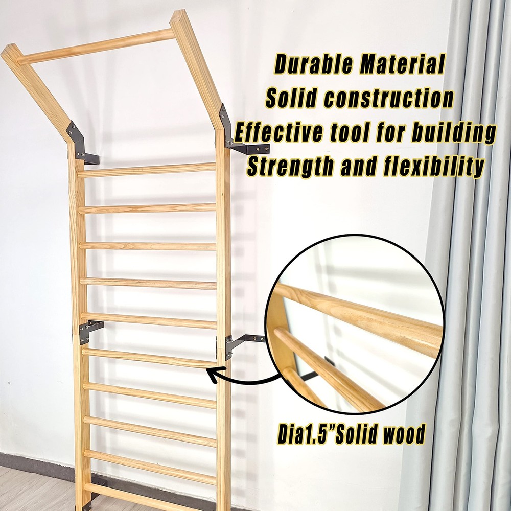 Swedish Ladder,Gymnastics Stall Bar, Wall Mounted Pull Up Bar- Solid Wood Wit...
