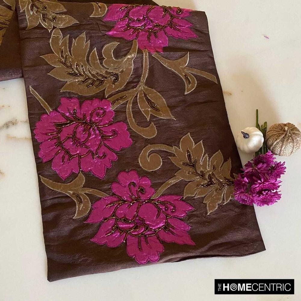 Decorative Table Runner Brown Silk Wedding Décor Table Décor - Blossoms Applique