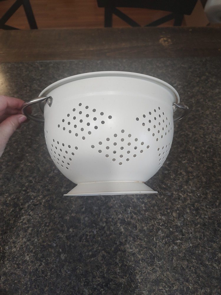 Colander Strainer Stainless Handles Cream Enamel white