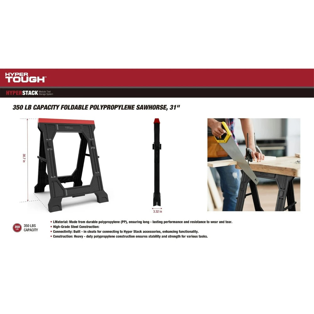 Hyper Tough Hyper Stack 350 lb Capacity Foldable Polypropylene Sawhorse, 31"