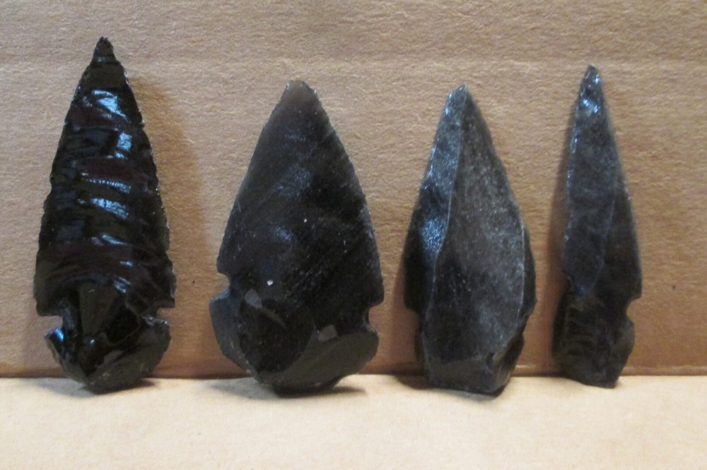 4 OBSIDIAN ARROWHEADS, 2 - 2 1/2" long, Nice Variety