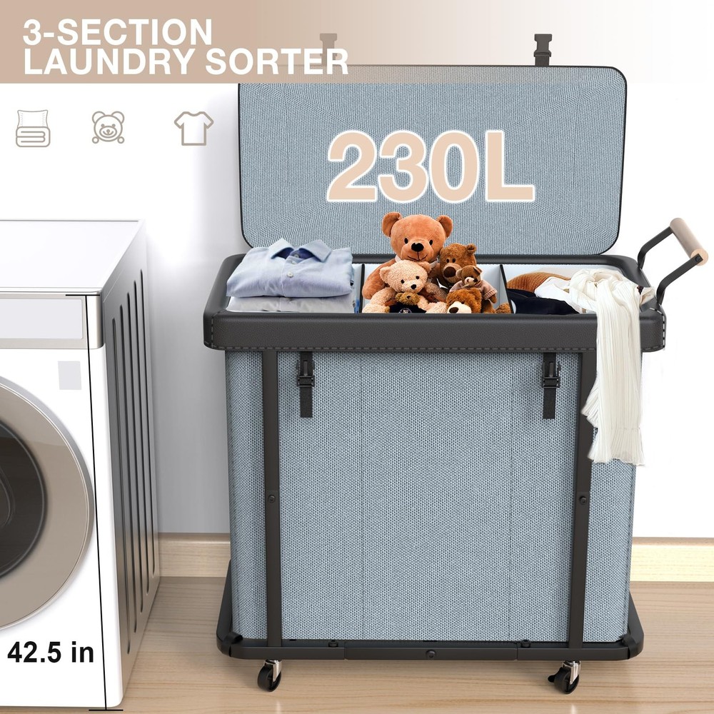 60 Gal 230L Laundry Hamper 3 Section with Lid, Leather Patchwork Laundry Sort...
