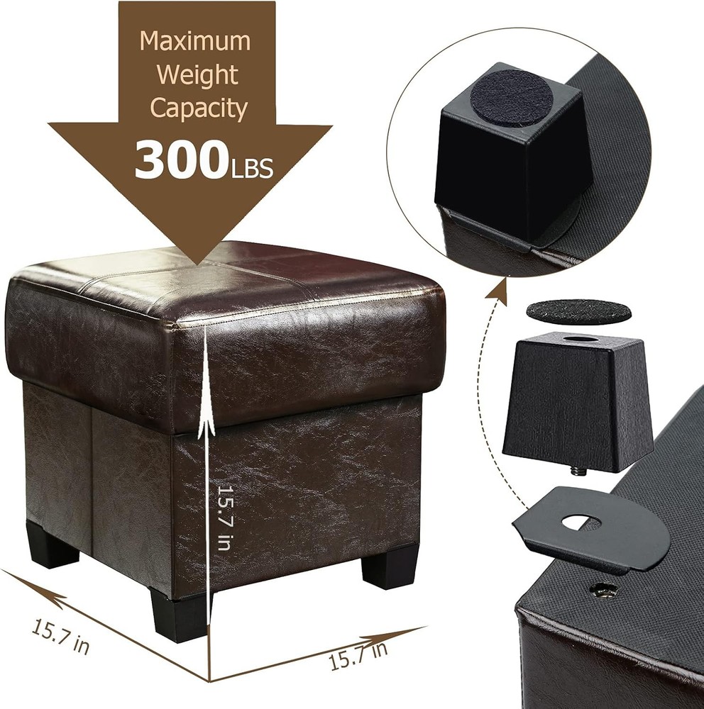 Storage Stool Cube Folding Footstool PU Leather Strap Legs Long Bench, Brown