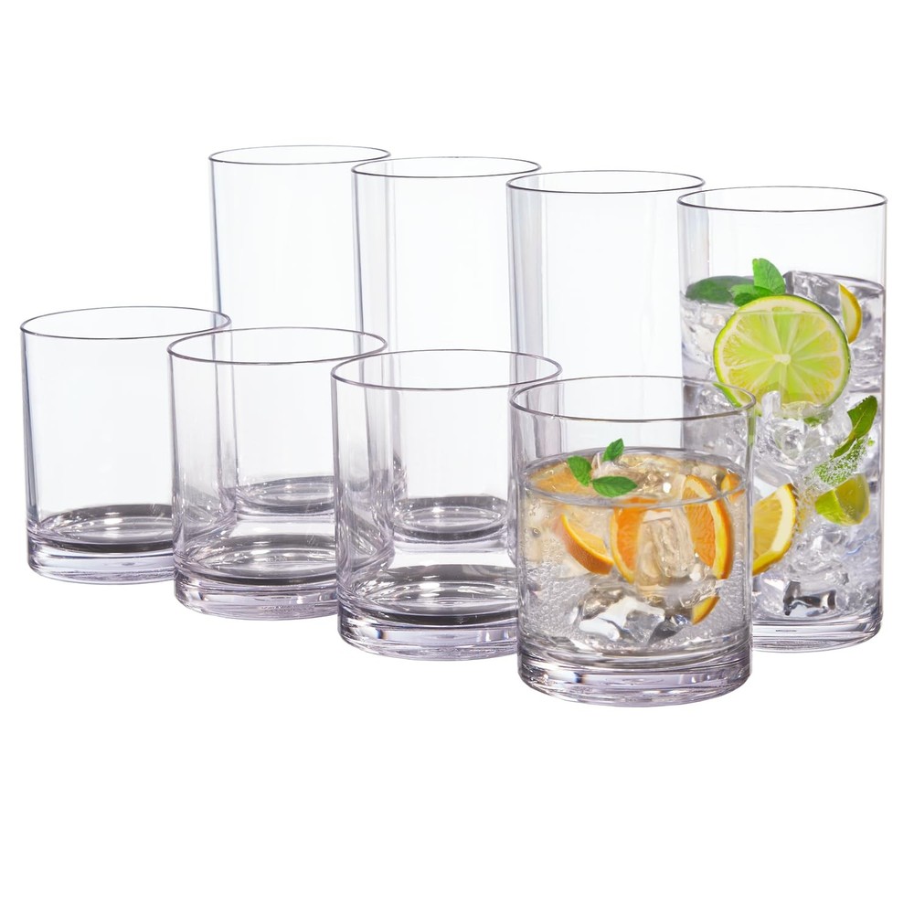 US Acrylic Classic Clear Plastic Reusable Drinking 8 Piece Assortment,