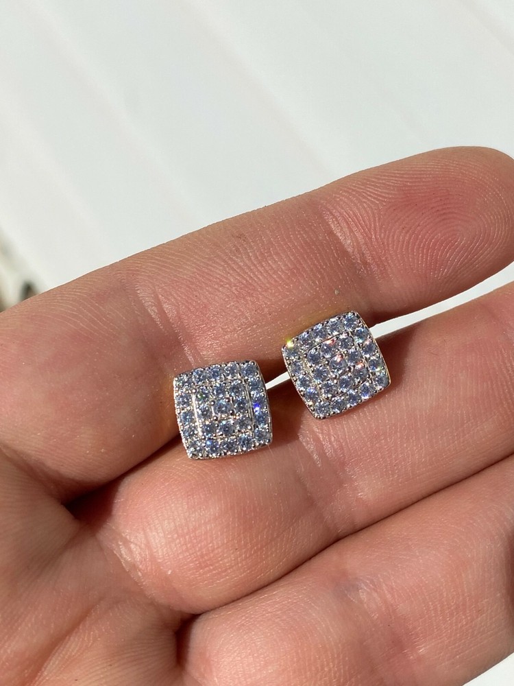 Real Solid 925 Silver Iced Simulated Diamond Earrings Screw Back Square Men's