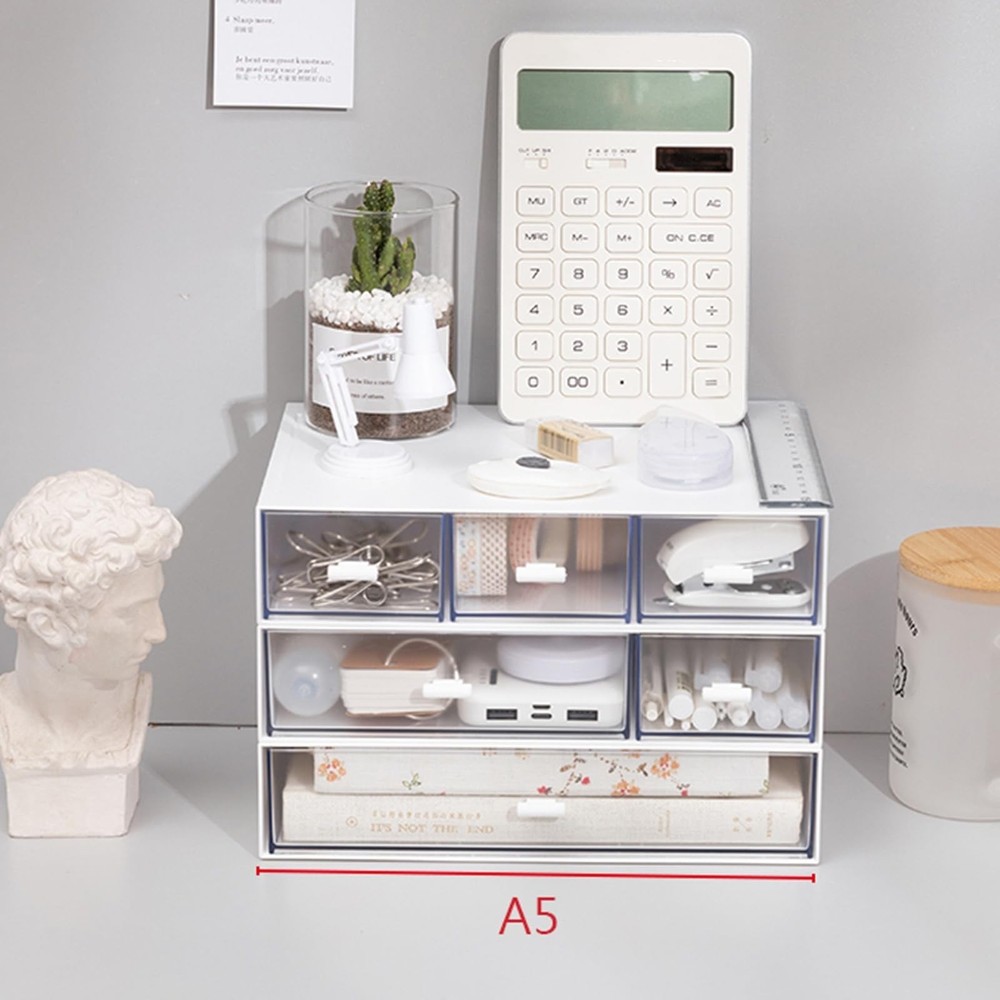 Lyellfe 3 Tier Small Desk Organizer with Drawer, Stackable Desktop Storage Bo...