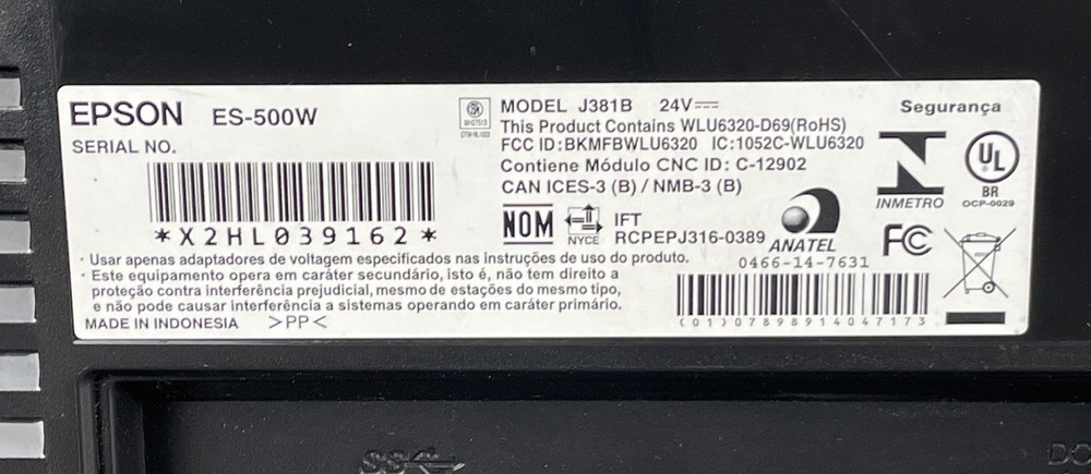 Epson Workforce ES-500W, J381B, Black, Wireless Duplex Document Scanner, Tested