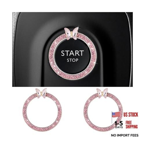 2PCS Bling Butterfly Car Engine Push Start Stop Button Cover Ring, Pink