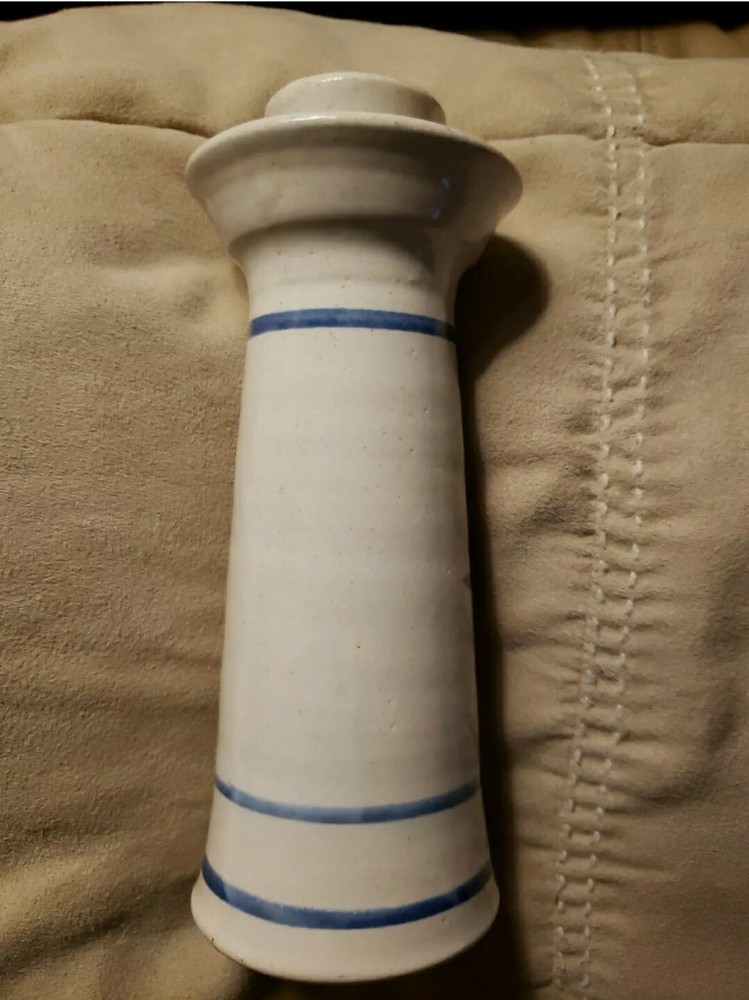 Glazed Pottery Studio Piece~ Candlestick Stoneware Blue, Beige & White