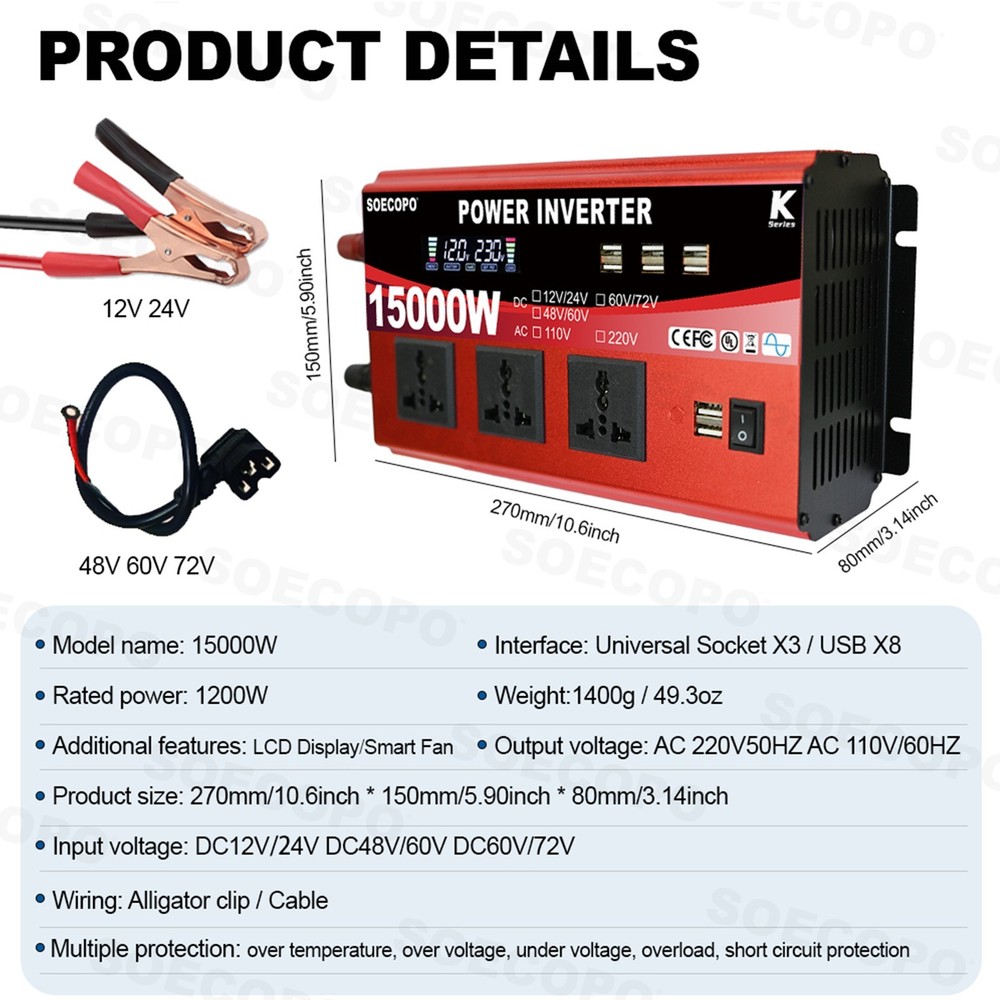 Pure Sine Wave Solar Converter 15000W Car Power Inverter DC 12-72V To AC 110VfC