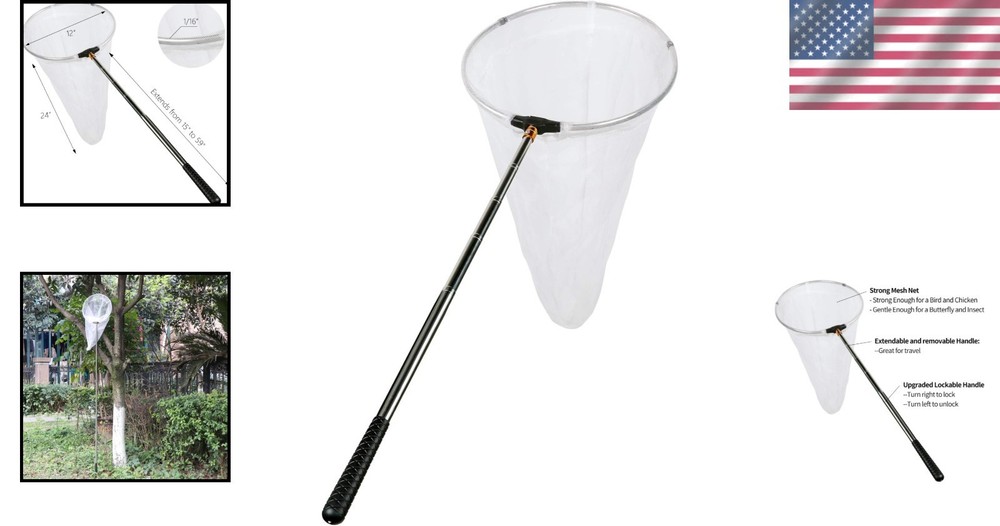 Professional Quality Insect Catching Net: 12" Ring, 59" Adjustable Handle